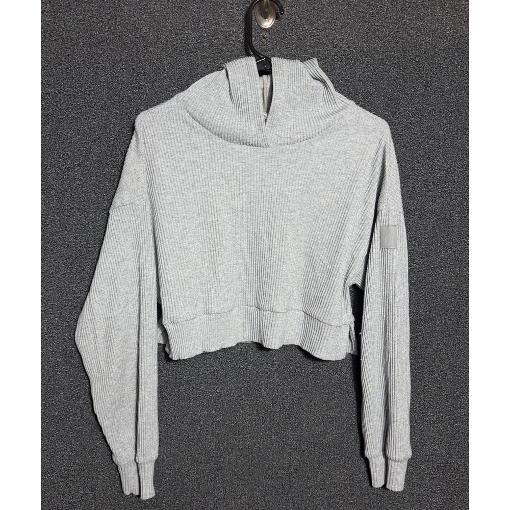 Alo Yoga Hoodie Womens XS Gray Ribbed Cropped Pullover Sweatshirt Lounge Top